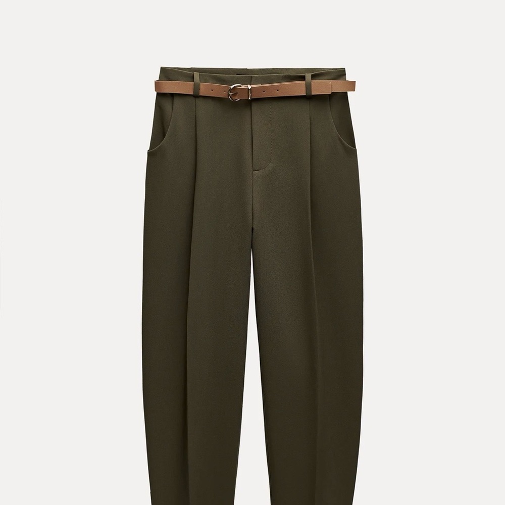 Zara Olive High-Waist Cropped Trousers with Tan Belt
